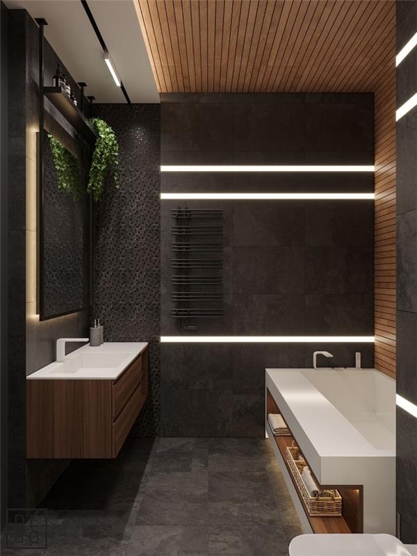 idėja, kaip sutvarkyti šiuolaikišką tamsių spalvų vonios kambarį, medžio ir baltos vonios spintelės modelį