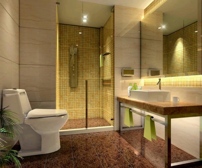 primer, kako urediti kopalnico v nevtralnih barvah z rjavimi talnimi ploščicami in mozaično tuš kabino