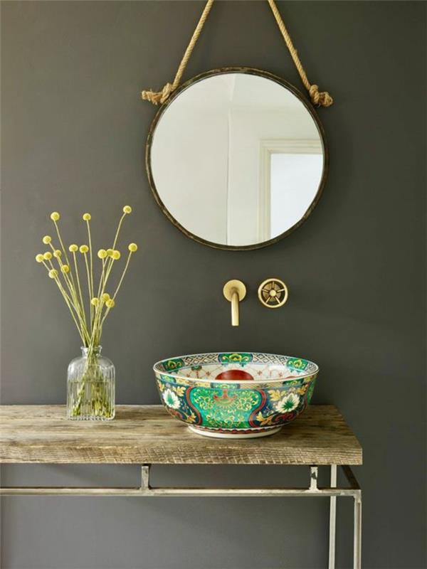 Kopalnica 5m2, dekor kopalnice Zen, okroglo ogledalo, obešeno na vrvi mornarja, omarica za umivalnik iz lesa in kovine, brez okraskov, okrogel umivalnik, okrašen z azijskimi motivi