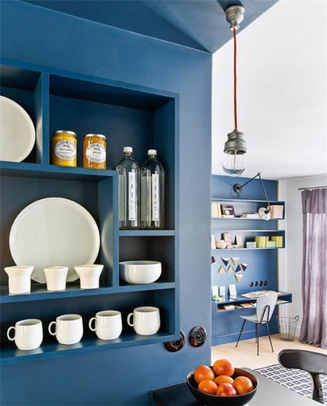 anties mėlynos spalvos svetainės dekoras, originali sieninė saugykla, pakabinamas šviestuvas