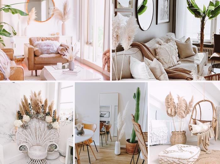 bohem oturma odası dekoru beyaz tavuskuşu sandalye mobilya doğal elyaf aksesuarları pampa otu iç tasarım
