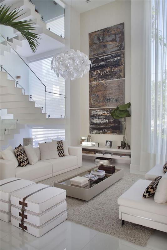 podstrešna dnevna soba oblikovanje velikega luksuznega prostora in beli minimalistični deko