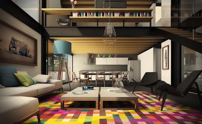 moderna minimalistično zasnovana dnevna soba v luksuzni podstrešni hiši
