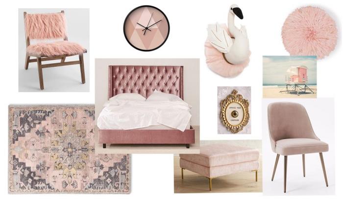 rožinės spalvos miegamojo dekoravimui skirti daiktai ir aksesuarai, kilimas su etniniais raštais derinamas su medine kėdė ir pasteliniu rožiniu užvalkalu