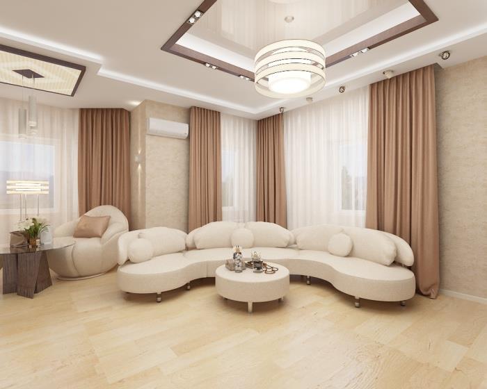 beyaz ve bej modern oturma odası dekor fikri, kanepe, koltuk, minimalist sehpa, bej ve beyaz tonları, kahverengi perdeler, beyaz tavan
