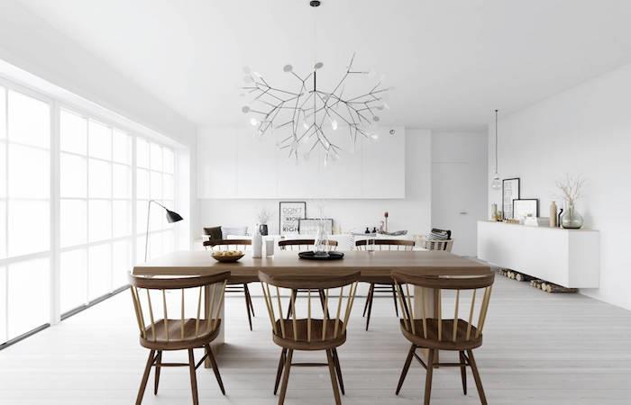 Nordijska dnevna soba in minimalistična skandinavska dekor ideja iz belega lesa