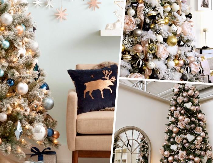 Gül altın ve gümüşten metalik süslemeli Noel ağacı süsleme fikri, karlı dalları olan büyük yapay ağaç