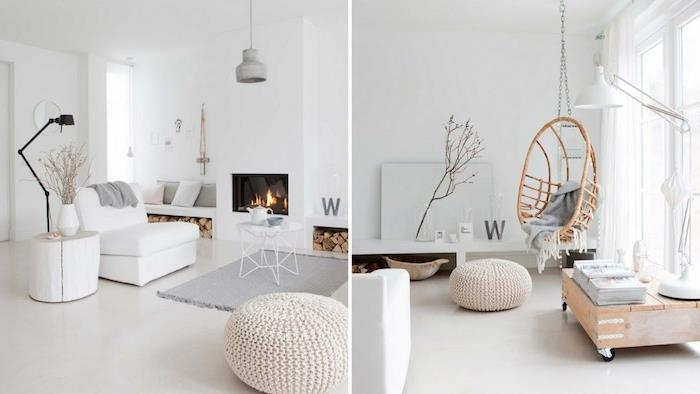 Skandinavska deco decoing ideja, bele stene in tla, siva preproga, beli naslanjač, ​​beli kamin, okrogel pleten volneni puf, lesena gugalnica, lesena mizica s kolesi