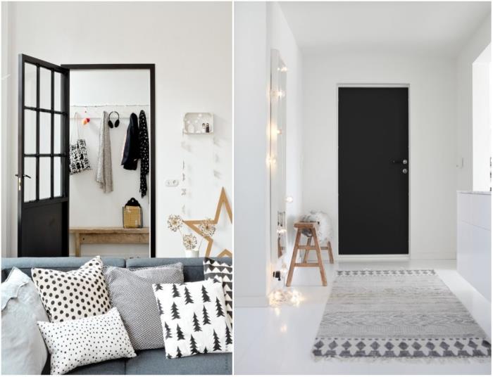 Šiaurietiškas baltos ir pilkos spalvos interjeras, kuriame juodos durys tampa dekoratyvios, juodi durų dažai suteikia gylio efektą