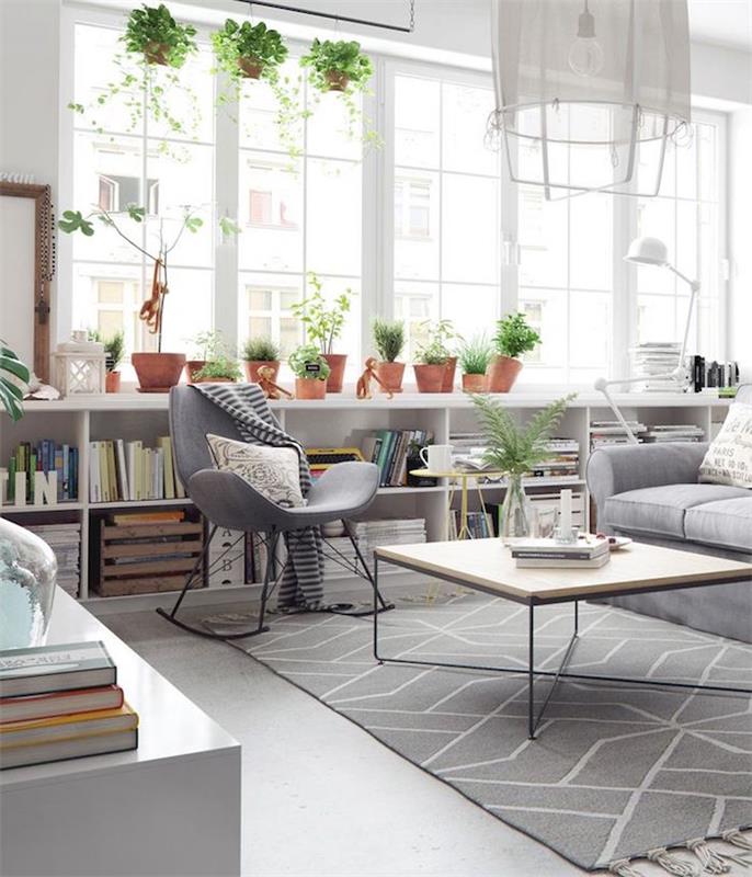 Pohištvo v skandinavskem slogu in nordijska blazina ali švedski dizajn za dnevno sobo