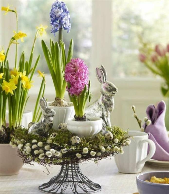 velykinis-stalo-deko-elegantiškas-pasiūlymas-gėlių-deko-sudarytas iš narcizo gėlių ir hiacinto bei šventinių elementų-kiaušinių-triušių
