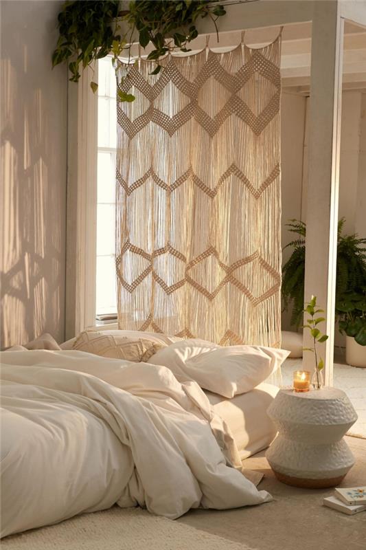 diy başlık deco makrome düğüm perdeler yatak odası boho minimalist yatak zemin örtüsü beyaz çarşaf beyaz yuvarlak sehpa