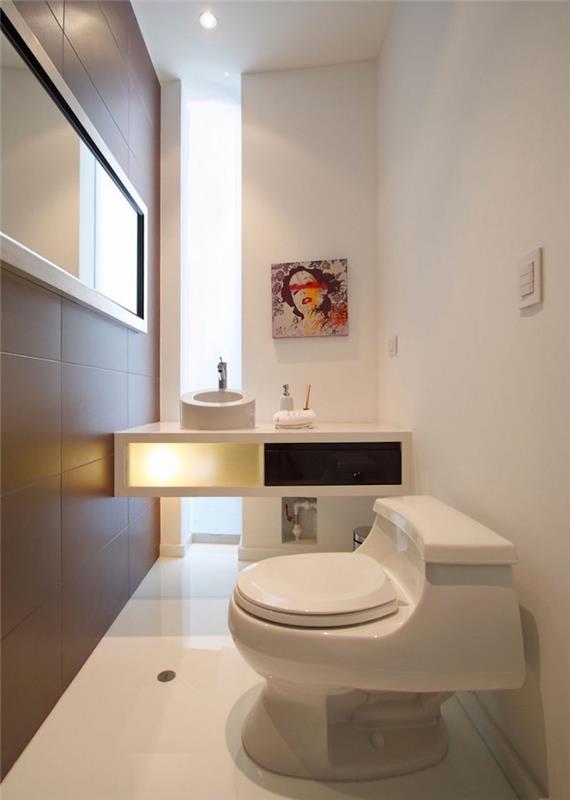 sodobno oblikovano stranišče z visečo omaro lavago in belim dekorjem
