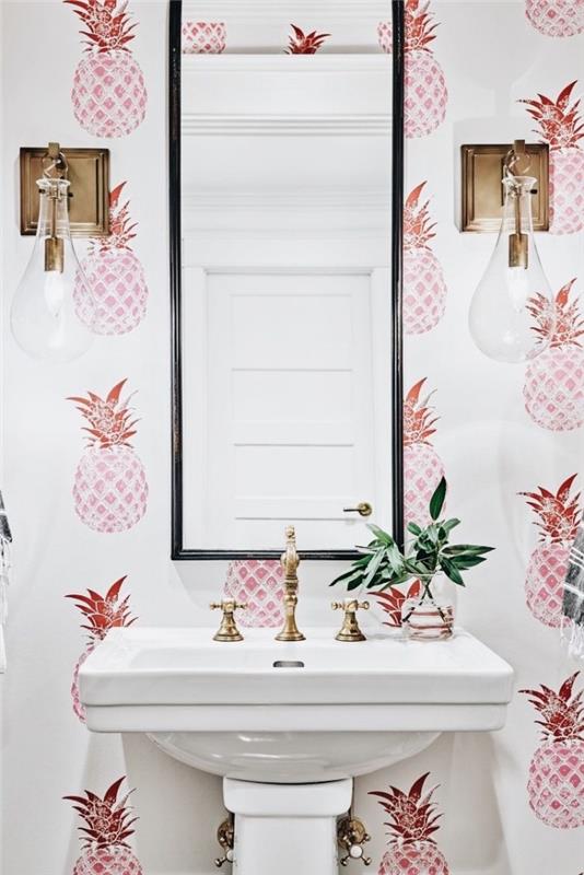 Samimi alanda modern ve feminen bir atmosfer için pembe ananas desenli güzel tuvalet duvar kağıdı
