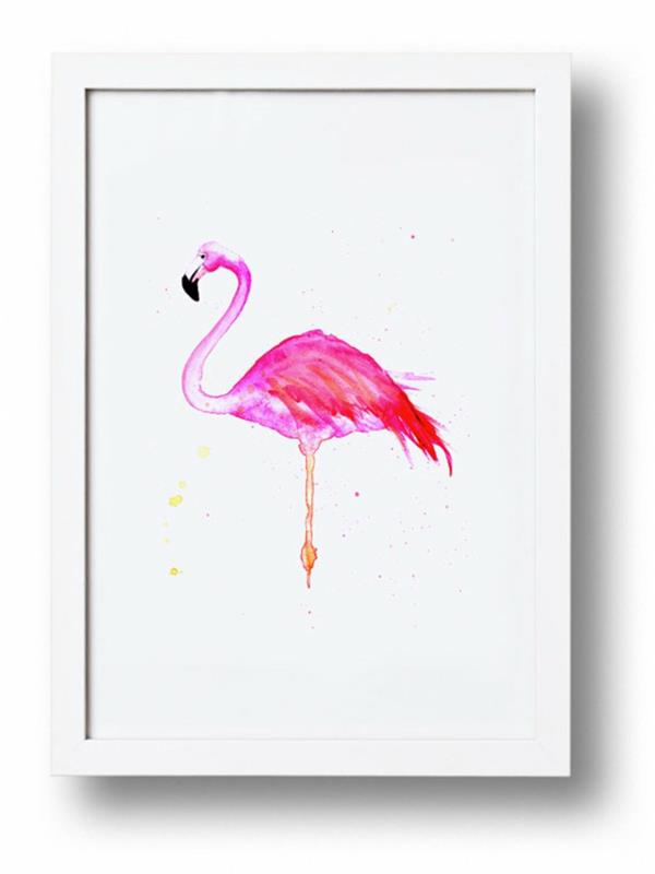 slika z belim okvirjem, okras flaminga, fuksija in rdeče barve, izviren dekorativni predmet za steno, eksotična dekoracija