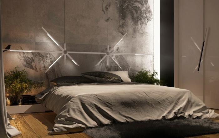 spalnica z lesenimi tlemi, velika bela garderobna omara, dlakava preproga, originalni dekor