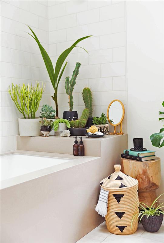 Kaktus in palma v oblikovalski kopalnici, dekor za kad, kopalniško pohištvo, lesena in bela kopalnica, kako okrasiti