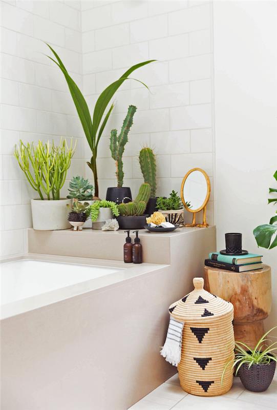 Tasarımcı banyoda kaktüs ve palmiye ağacı, küvet dekoru, banyo mobilyaları, ahşap ve beyaz banyo, nasıl dekore edilir