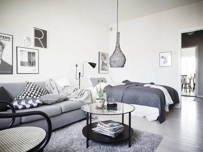 majhna garsonjera z dnevno sobo spalnica dva v enem, siva preproga na sivih lesenih parketih, stena okrašena s črno -belimi okvirji