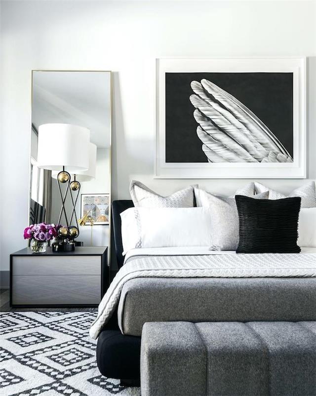 Črno -bela fotografija na steni, ideja za dekoracijo spalnice za odrasle, dekoracija spalnice, bela in črna preproga z geometrijskim vzorcem