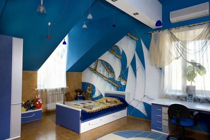 8m2 dekoracija spalnice, modra in bela postelja, tanke zavese, modre in bele preproge, platna za čolne
