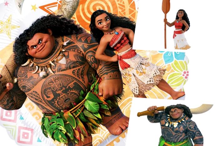 personažų Maui ir Vaianos figūrėlės, skirtos naminiam „Disney“ pyragui papuošti.