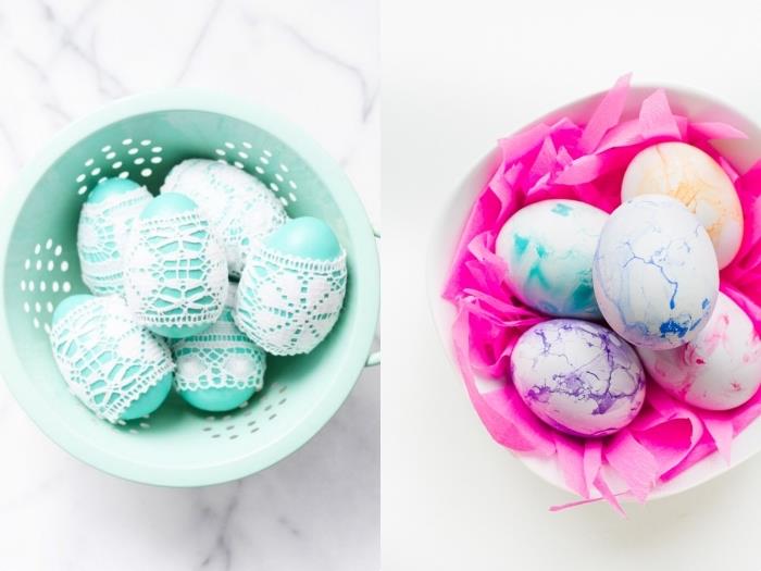 çeşitli renklerde beyaz dantel veya mermer tasarım boya ile Paskalya için yumurta süsleme teknikleri