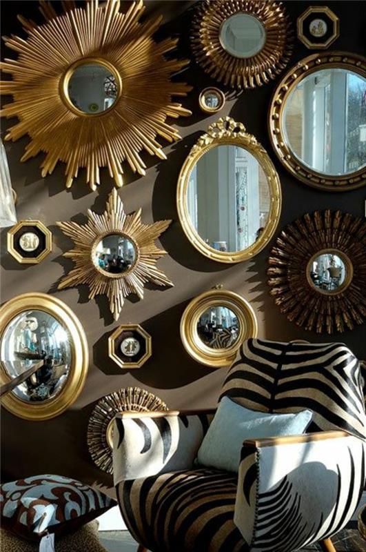 apdaila su veidrodžiu-ikea-modern-veidrodžiai-zebra-fotelis-apvalus veidrodis-smėlio spalvos siena