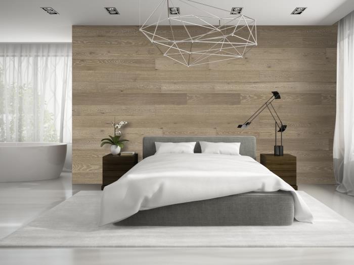 modernus minimalistinio stiliaus interjero dizainas baltos ir pilkos spalvos kambaryje su medžio akcentais, medinių sienų apdailos idėja
