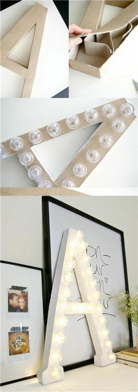 DIY kolay dekoratif obje, DIY harf şeklinde lamba modeli, karton ve çelenk ile hafif bir harf yapın