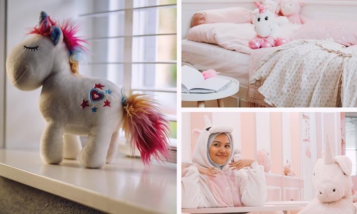 genç kız yatak odası dekoru tek boynuzlu at tema tek boynuzlu pijama pastel pembe peluş boynuz dekorasyon yatak koza