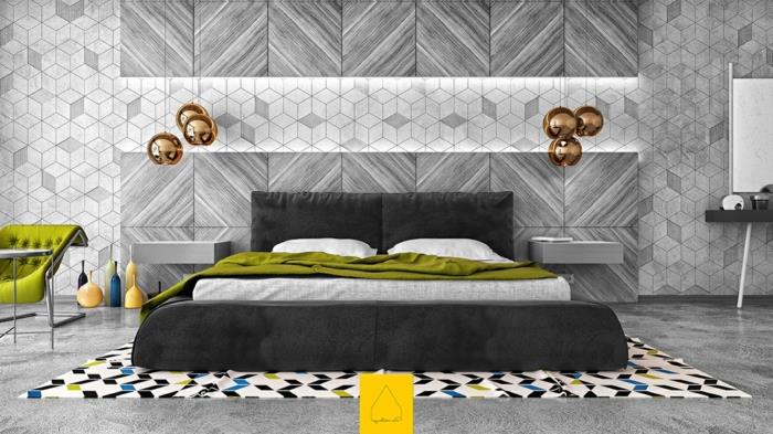 įvairiaspalviai kilimėliai, modernus pramoninio palėpės stiliaus suaugusiųjų miegamojo apdaila, pakabinamos rutulinės lempos, trompe l'oeil tapetai