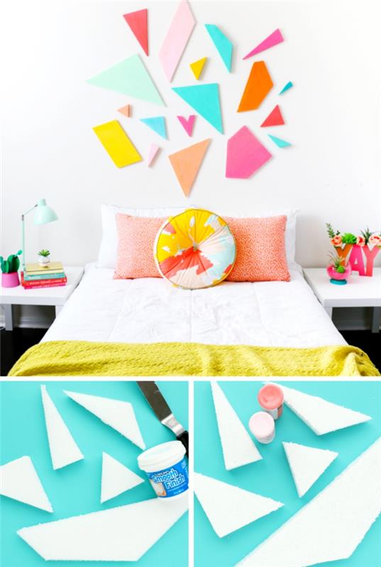 bir çocuğun odasını kişiselleştirmek için manuel aktivite, köpük ve boyada ev yapımı bir yatak başlığı örneği