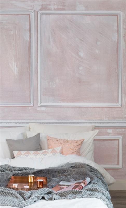 Soluk pembe aksesuarlar, romantik yatak odası dekorasyon fikri ile gri ve beyaz bir yatak odasında vintage tarzı iç tasarım