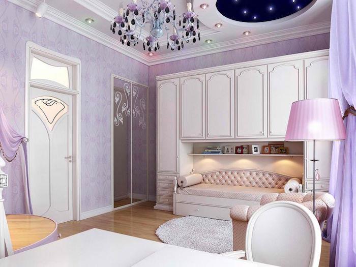 mor goblenli büyük retro yatak odası, pembe prenses yatak odası dekorasyonu