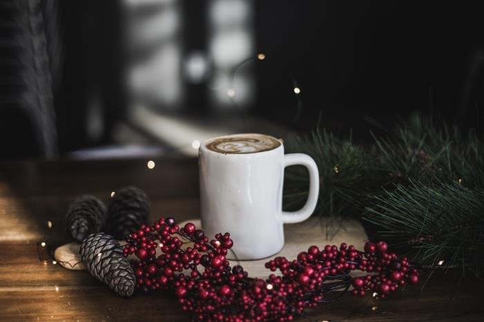 Noel için çam kozalakları ile ne yapılacağına dair fikir, bir fincan kahve ve kuru çam kozalakları ile Noel dekorasyonu