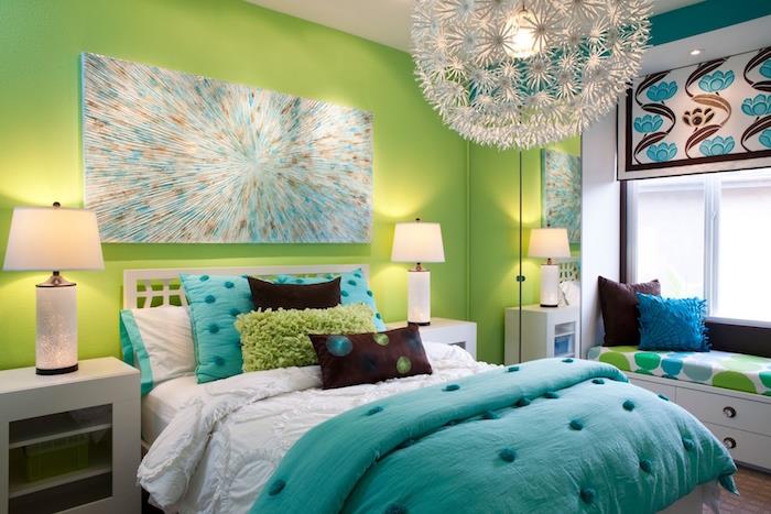 yeşil ve turkuaz duvar boyası ve mavi kahverengi dekoratif objeler ile renkli çocuk odası boya fikirleri