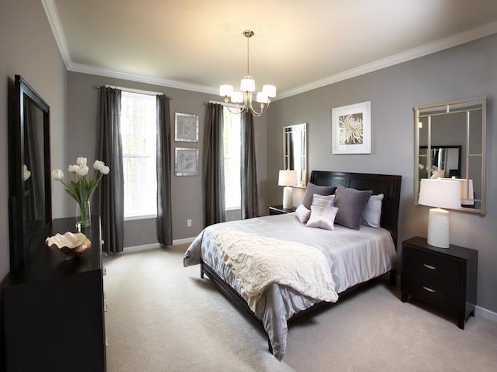 taupe gri yetişkin yatak odası ve siyah mobilya