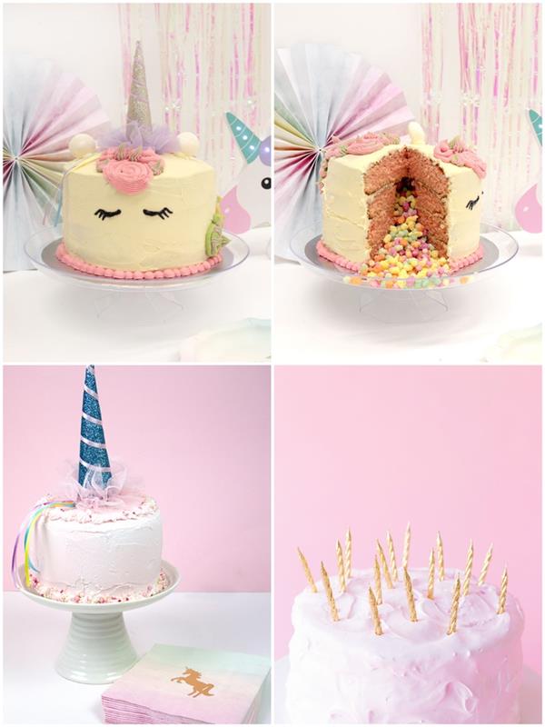 osebne ideje za samorogove torte, okrašene z bleščečim rogom in zlatimi svečami