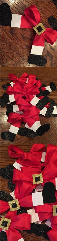 Kalėdinė rankinė veikla, Kalėdų Senelio pėdų formos mazgai, juodi batai, auksinis diržas, mazgai dovanoms ar medžio šakoms papuošti, gražios detalės, kurios patinka