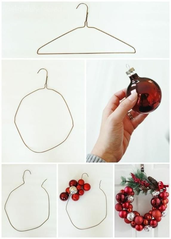 kolay kendin yap dekorasyon, kırmızı baloncuklu oyuncaklar ve köknar dalları ile nasıl bir Noel çelengi yapılacağına dair örnek