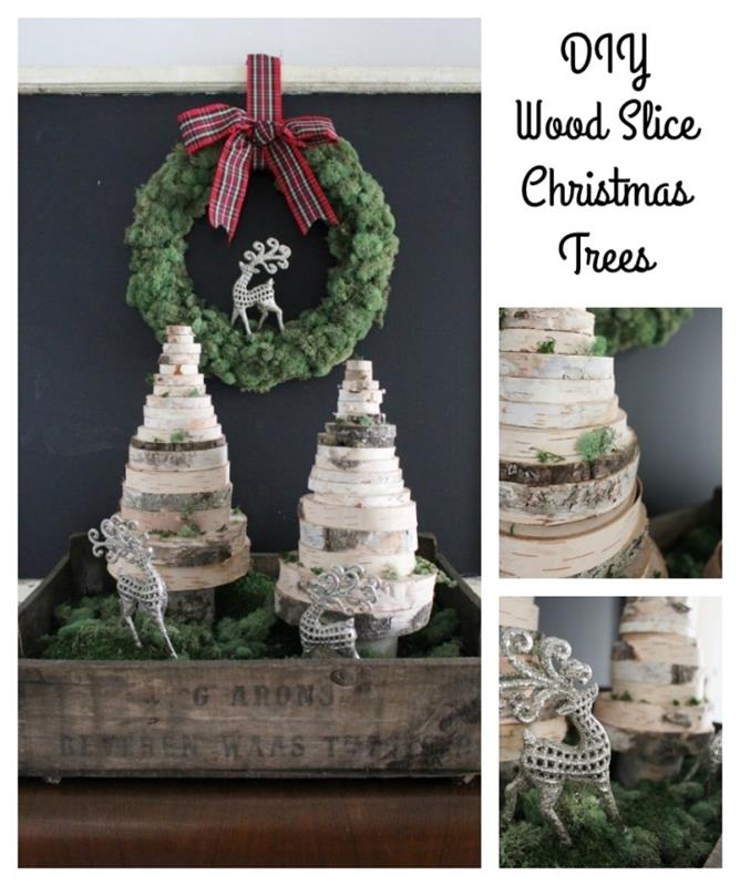eski bir ahşap sandık ve kütüklerden yapılmış iki Noel ağacı ile yapılmış rustik ve doğal Noel dekorasyonu, bir sebze çelengi ile tamamlandı