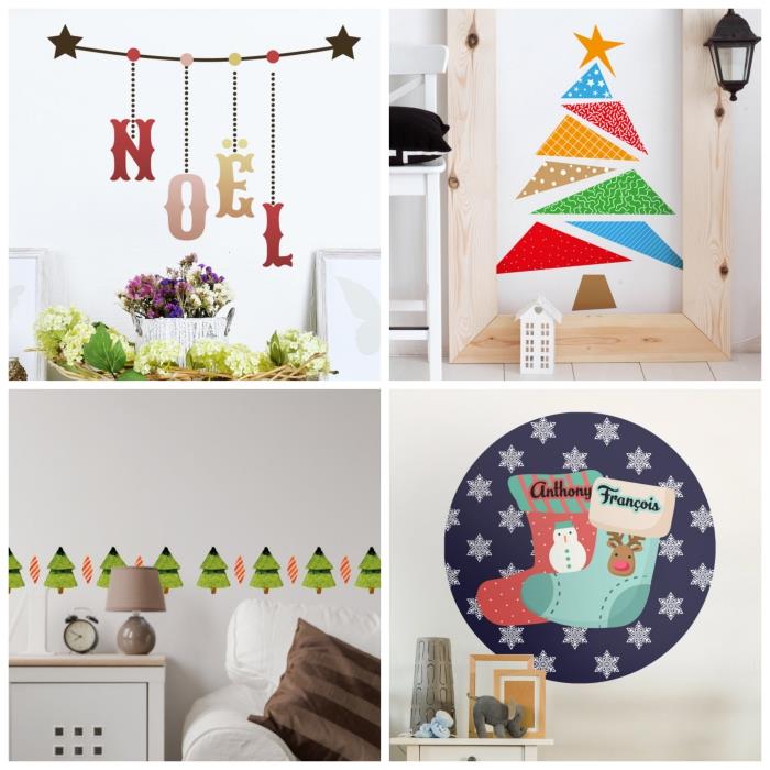 Duvarlara yapıştırılacak Noel dekorasyonu, geleneksel Noel ağacının, çelenklerin ve çorapların yerini alan neşeli şenlikli motiflere sahip dekoratif çıkartmalar