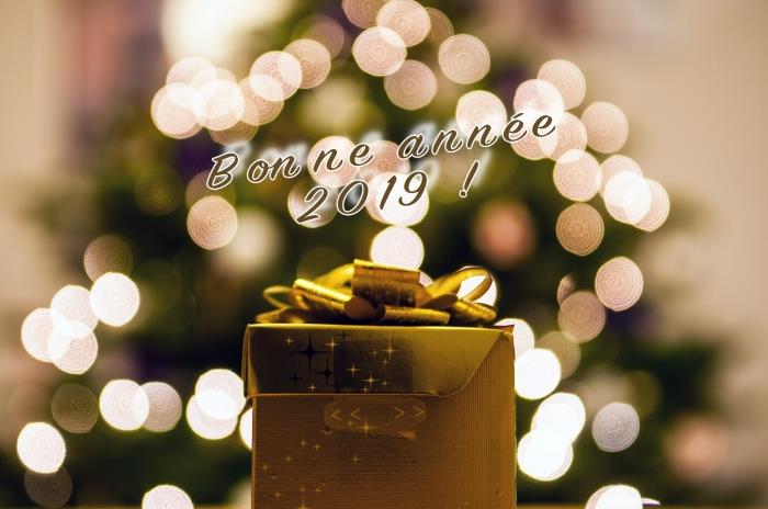 lepa fotografija z božično jelko in darilom, zavitim v zlato, srečno novo leto ozadje 2019, ideja za novoletno digitalno kartico