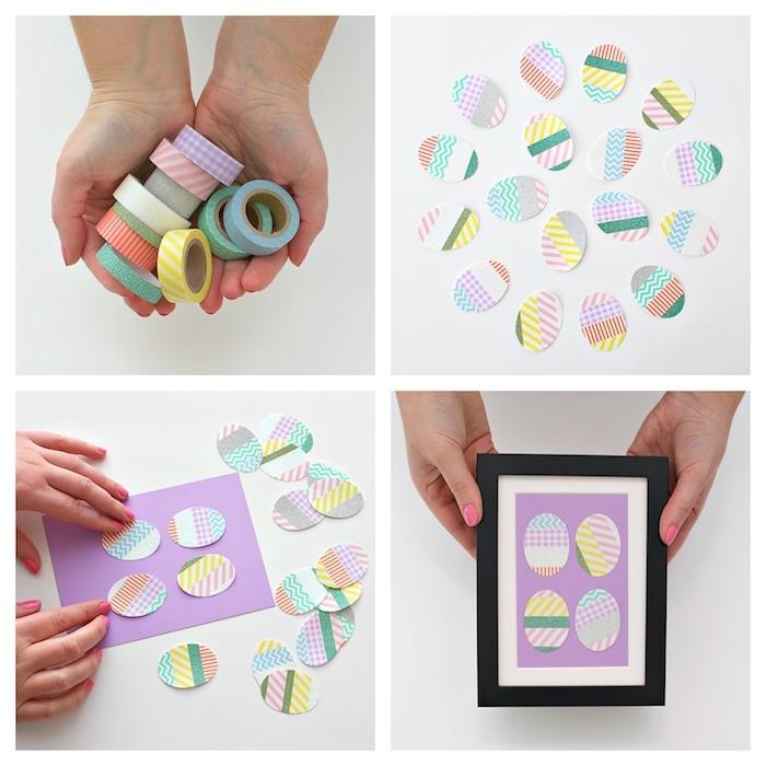 primer velikonočne dekoracije za izdelavo, velikonočna jajca v washi traku na vijoličnem papirju, ki jih postavite v okvir