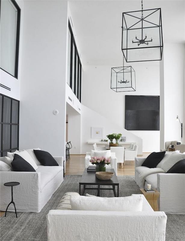 ideje za oblikovanje dnevne sobe razkošna moderna dekoracija podstrešja bela črna
