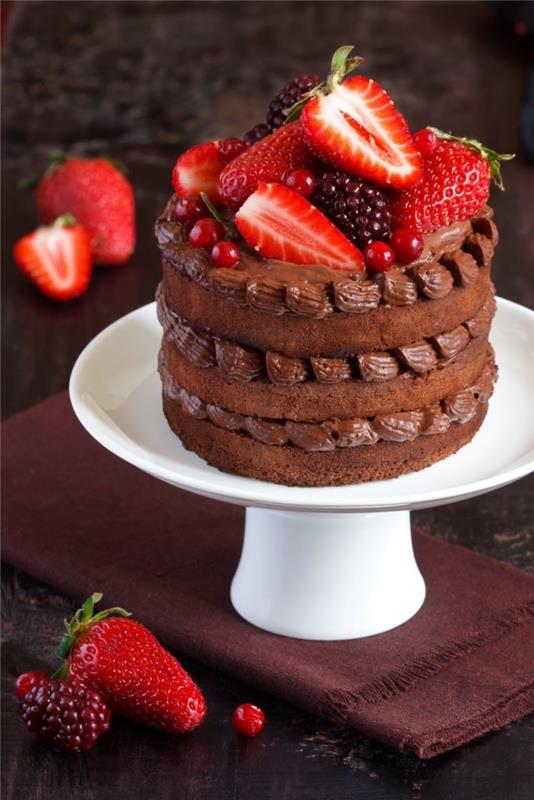 sevgililer günü yemeği için ne kadar kolay bir pasta tarifi, taze meyvelerle süslenmiş çikolatalı kek örneği