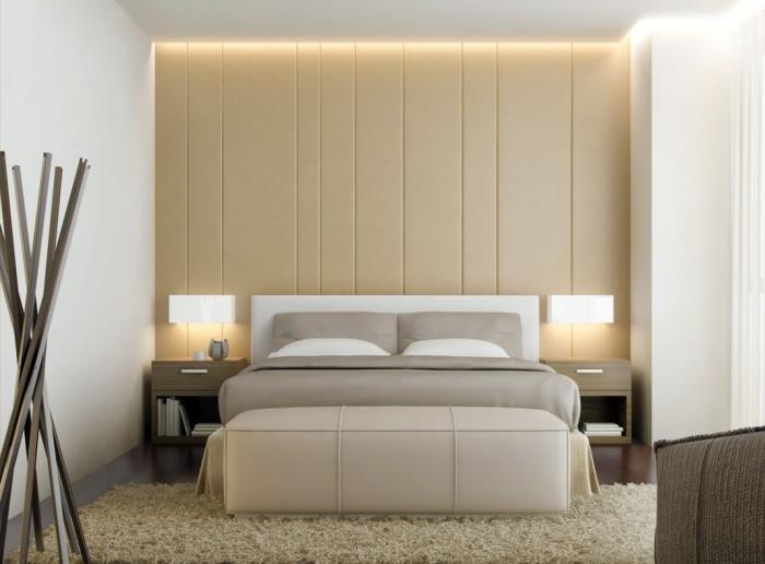 bej deri kısmi duvar kaplaması ile yetişkin yatak odasında modern ve lüks iç