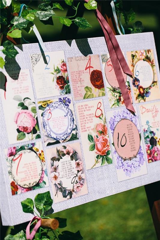 vestuvių stalo planas spausdinti, nedideli gėlių atspaudų sąrašai su skaičiais ir gėlių dekoravimu, natūrali aplinka, vestuvės lauke