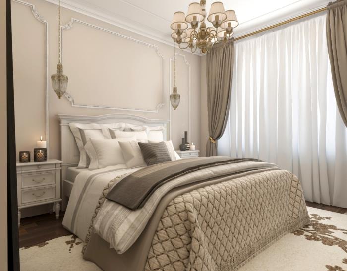 beyaz ve açık gri şömineli bir kral yatak ile gri boyalı ahşap yatak odası mobilyaları taklit yatak başlığı